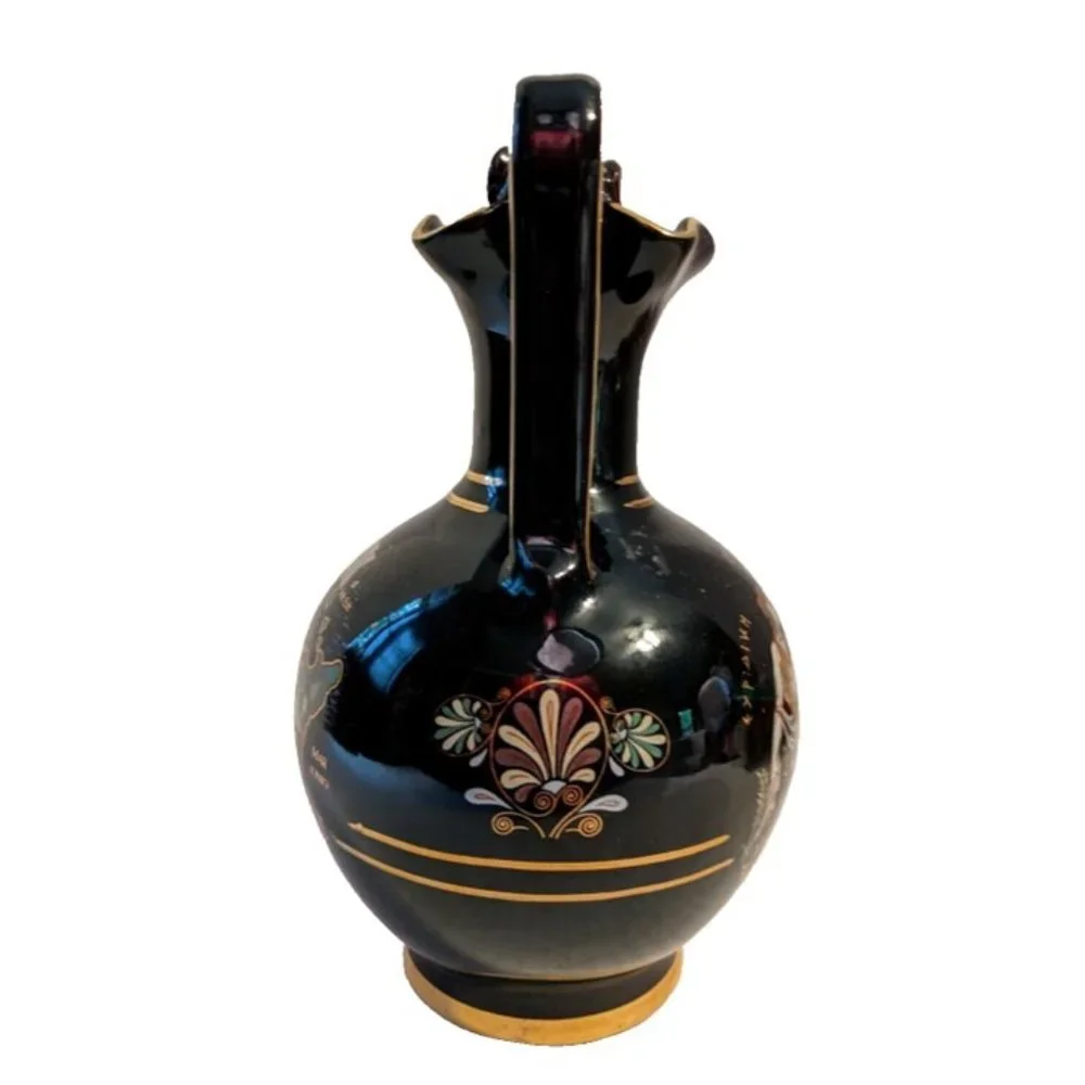 Vintage Terracotta Sicilia Vase Black Hand Painted 24k Gold Greek Figures Map 7
